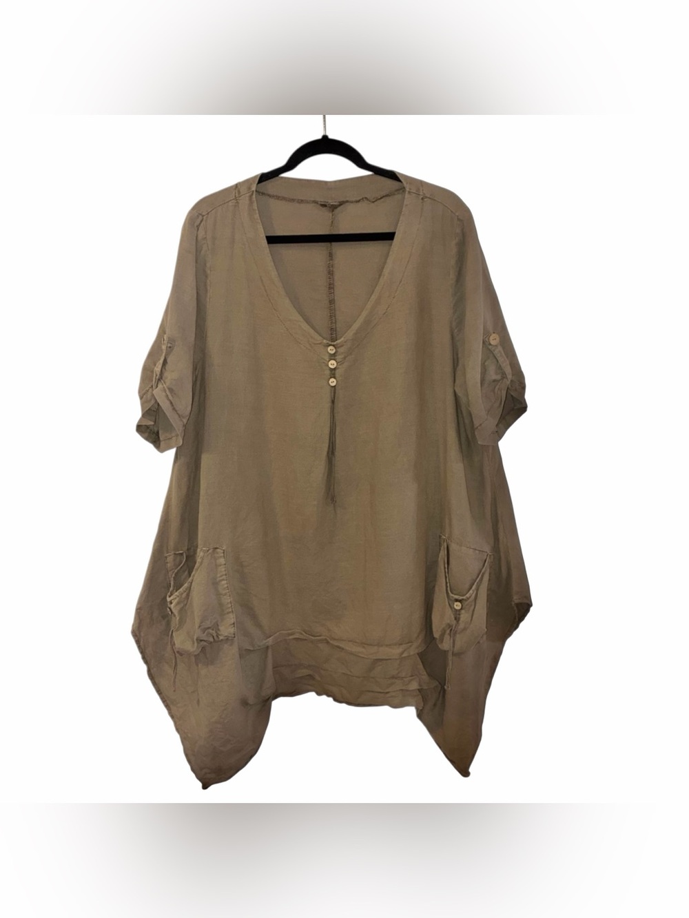 Relaxed Oversized V-Neck Patch Pocket Tunic Top Lagenlook Size S/M Scoop Hem